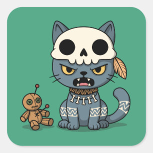 Hexenkatze-Voodoo-Puppe auf Grün Quadratischer Aufkleber