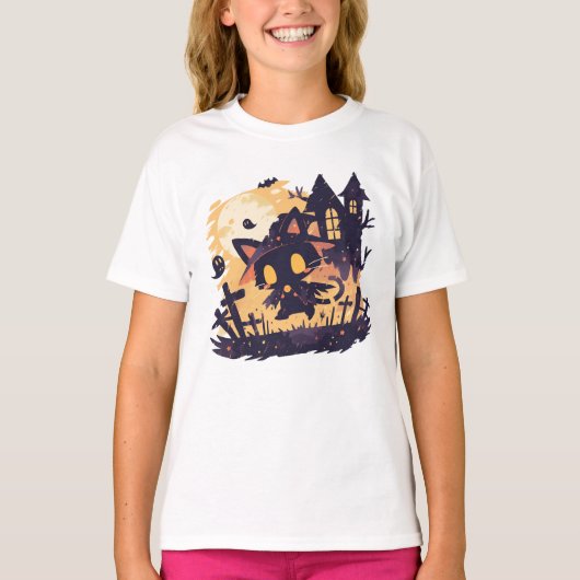 Hexenkatze zu Halloween T-Shirt (Vorderseite)