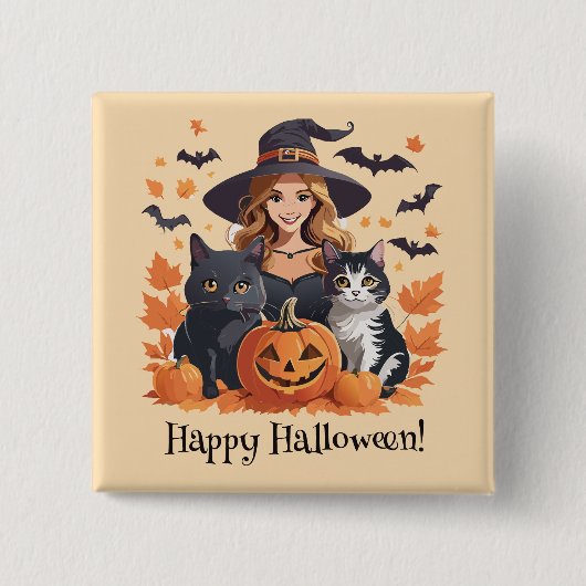 Hexenkatzen, Fledermäuse und Kürbiskins Halloween Button (Vorderseite)