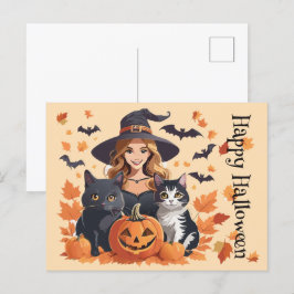 Hexenkatzen, Fledermäuse und Kürbiskins Halloween Postkarte