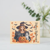 Hexenkatzen, Fledermäuse und Kürbiskins Halloween Postkarte (Stehend Vorderseite)
