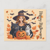 Hexenkatzen, Fledermäuse und Kürbiskins Halloween Postkarte (Vorderseite)