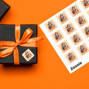 Hexenkatzen, Fledermäuse und Kürbiskins Halloween Quadratischer Aufkleber