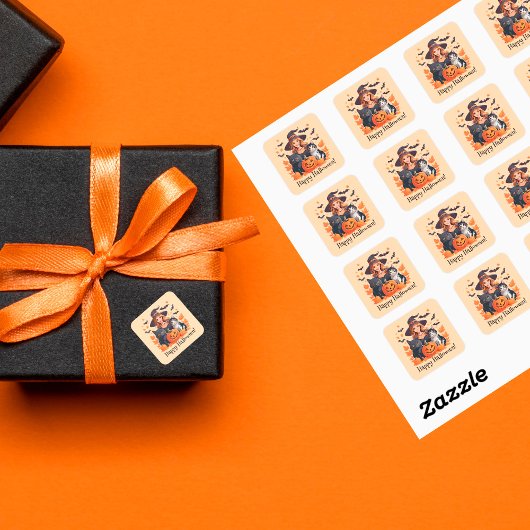 Hexenkatzen, Fledermäuse und Kürbiskins Halloween Quadratischer Aufkleber