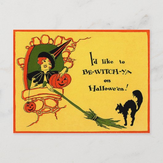 Hexenkatzenkürbis Vintages Halloween Postkarte (Vorderseite)
