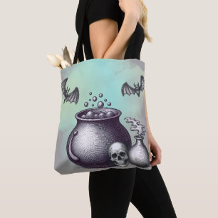 Hexenkessel, Fledermäuse und Totenkopf-Tragetasche Tasche