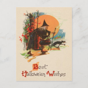 Hexenkessel Schwarze Katze Vollmond Postkarte