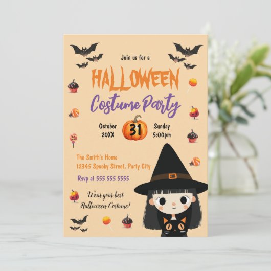 Hexenkostüm-Halloween-Party Einladung (Stehend Vorderseite)