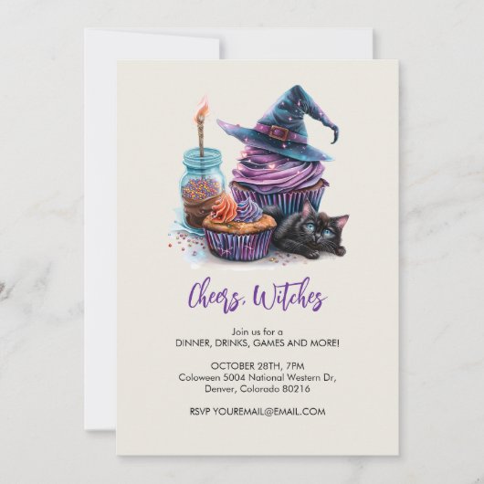 Hexenkuchen und schwarze Katze, Halloween Einladung (Vorderseite)