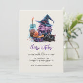 Hexenkuchen und schwarze Katze, Halloween Einladung (Stehend Vorderseite)