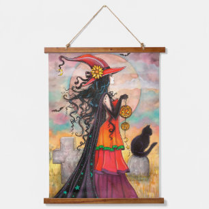 Hexenkunst Halloween Hexe und Katzen-Kunst Wandteppich Mit Holzrahmen
