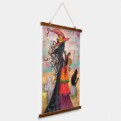 Hexenkunst Halloween Hexe und Katzen-Kunst Wandteppich Mit Holzrahmen (Gewinkelt)