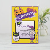 Hexenkürbis niedliches KatzenHalloween-Party Einladung (Stehend Vorderseite)