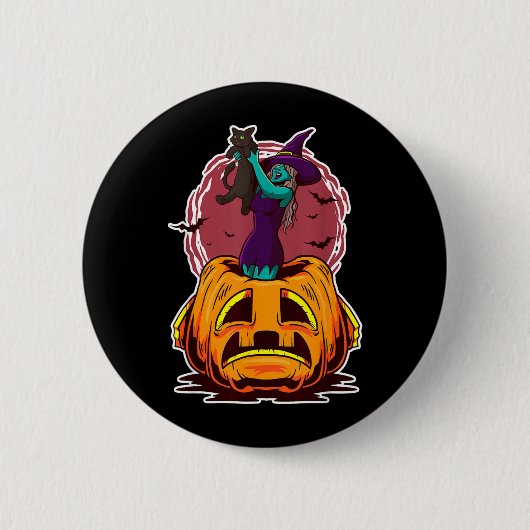 Hexenkürbis schwarze Katze und spooky Zauberer Button (Vorderseite)