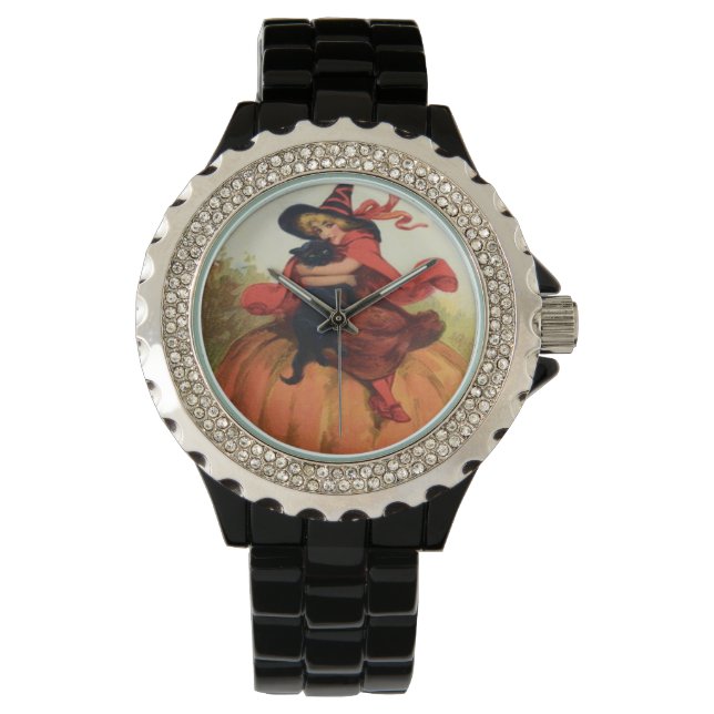 Hexenkürbis Vintages Halloween Armbanduhr (Vorderseite)