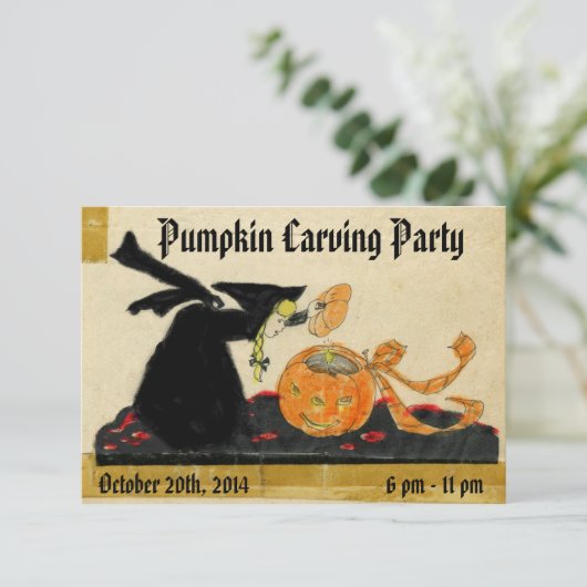 Hexenkürbis Vintages Halloween Carving Party Einladung (Stehend Vorderseite)