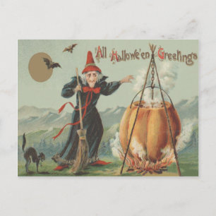 Hexenkürbiskessel schwarze Katzenspell Postkarte