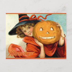 Hexenmädchen-Kürbis-Halloween-Postkarte im Vintage Postkarte