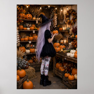 Hexenmädchen-Kürbisfeldposter - Rosa Halloween Poster