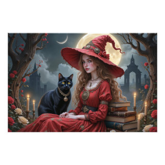 Hexenmädchen mit schwarzer Katze verzaubern Fotodruck