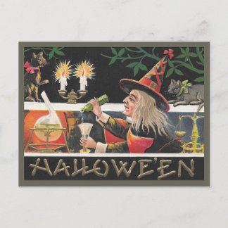 Hexenmeisterin mischt Zaubertrank an Halloween Postkarte