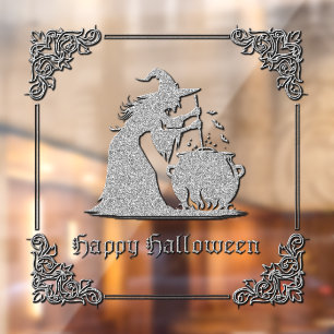Hexenmeisterin mit Kessel Halloween Fensteraufkleber