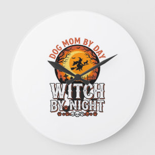 Hexenmutter Hund bei Nacht Vintage Halloween-Shirt Große Wanduhr