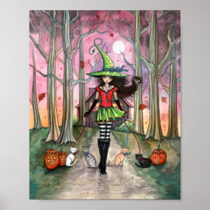 Hexenplakat zum Halloween mit Katzen spazieren Poster