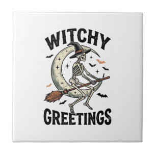 Hexenskelett Grafik Hexen Grüße Vintage Halloween  Fliese