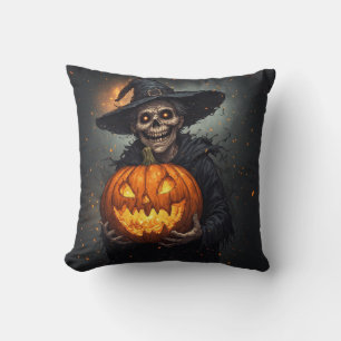 Hexenskelett mit leuchtendem Kürbis Halloween 🎃 Kissen