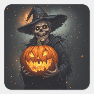 Hexenskelett mit leuchtendem Kürbis Halloween 🎃 Quadratischer Aufkleber