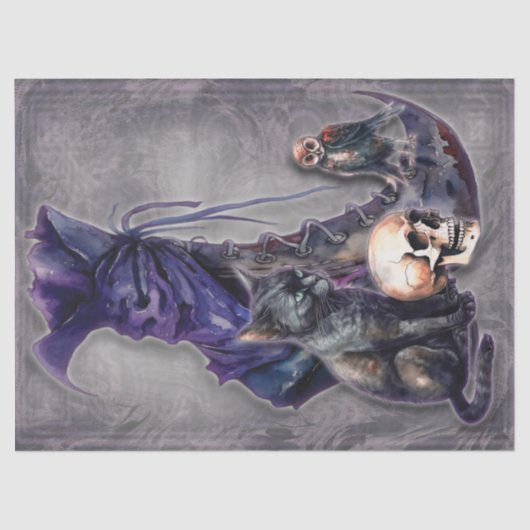 Hexenstiefel mit Eule und Katzendecoupage Seidenpapier (Vorderseite)