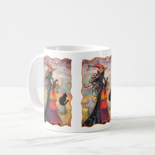 Hexenweih Halloween Hexe und Katzenfantasy Art Kaffeetasse (Vorderseite Links)