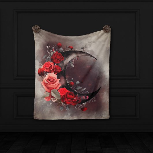 Hexerei | Crescent Moon mit gotischen Rote Rosen Fleecedecke