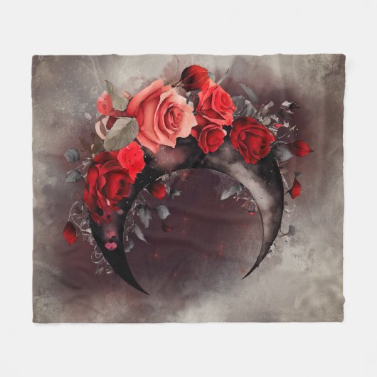 Hexerei | Crescent Moon mit gotischen Rote Rosen Fleecedecke (Vorderseite (Horizontal))