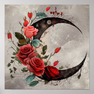 Hexerei   Crescent Moon mit gotischen Rote Rosen Poster
