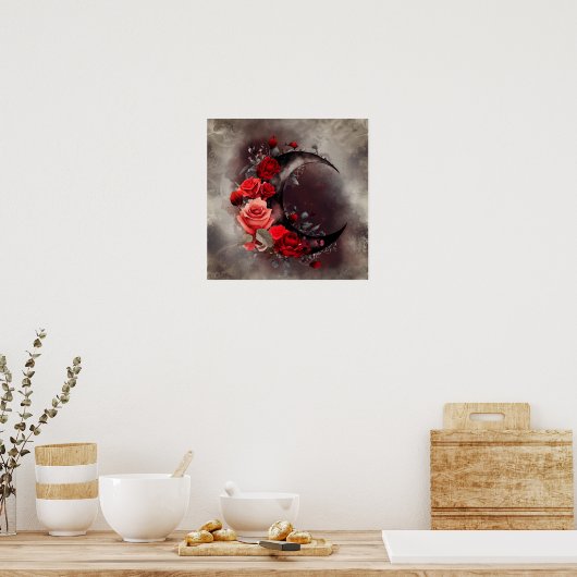 Hexerei | Crescent Moon mit gotischen Rote Rosen Poster (Küche)