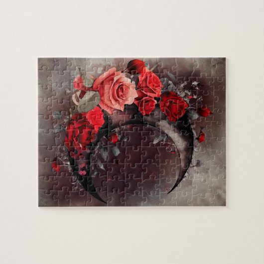 Hexerei | Crescent Moon mit gotischen Rote Rosen Puzzle (Horizontal)