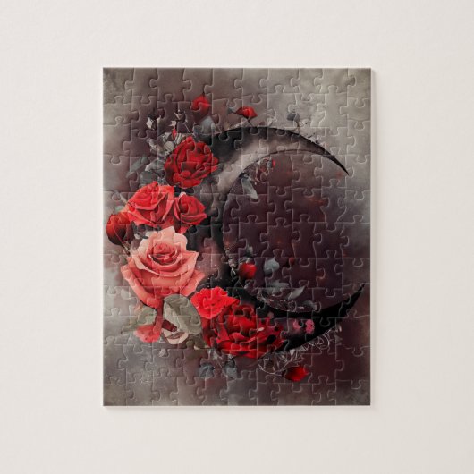 Hexerei | Crescent Moon mit gotischen Rote Rosen Puzzle (Vertikal)