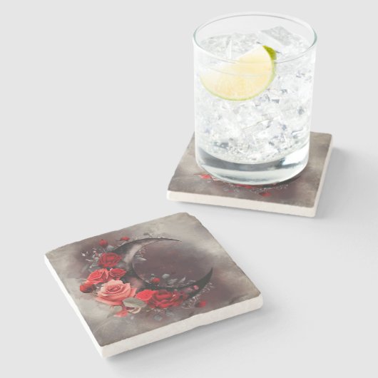 Hexerei | Crescent Moon mit gotischen Rote Rosen Steinuntersetzer (Seitenansicht)