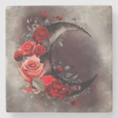 Hexerei | Crescent Moon mit gotischen Rote Rosen Steinuntersetzer (Vorderseite)