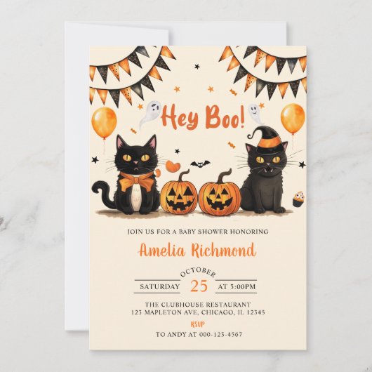 Hey Boo! Black Cat Halloween Kinderdusche Einladung (Vorderseite)