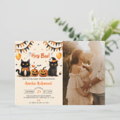 Hey Boo! Black Cat Halloween Kinderdusche Einladung (Stehend Vorderseite)