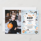 Hey Boo! Blue Halloween Ghost Boy Birthday Einladung (Vorderseite)