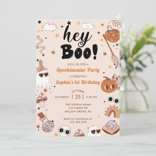 Hey Boo Brithday Halloween Einladung (Stehend Vorderseite)