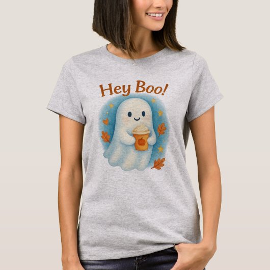 Hey Boo! Cute Ghost with Pumpkin Latte  T-Shirt (Vorderseite)