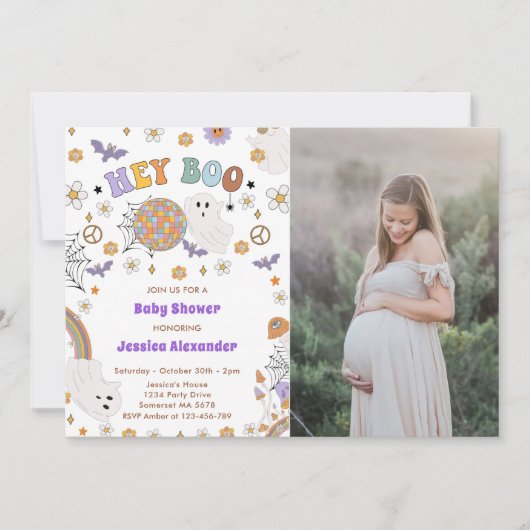 Hey Boo Groovy Halloween Baby Shower Foto Einladung (Vorderseite)