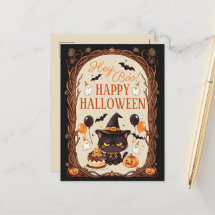 Hey Boo Gruselige Süße Schwarze Katze Hexe Hallowe Feiertagspostkarte