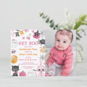 Hey Boo! Halloween 1. Geburtstag Party Foto Einladung (Stehend Vorderseite)