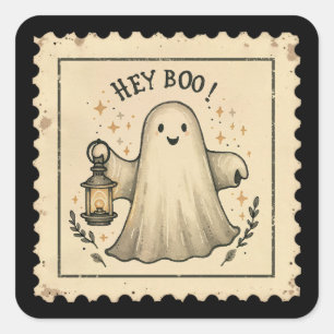 Hey Boo Halloween Ghost Lantern Quadratischer Aufkleber